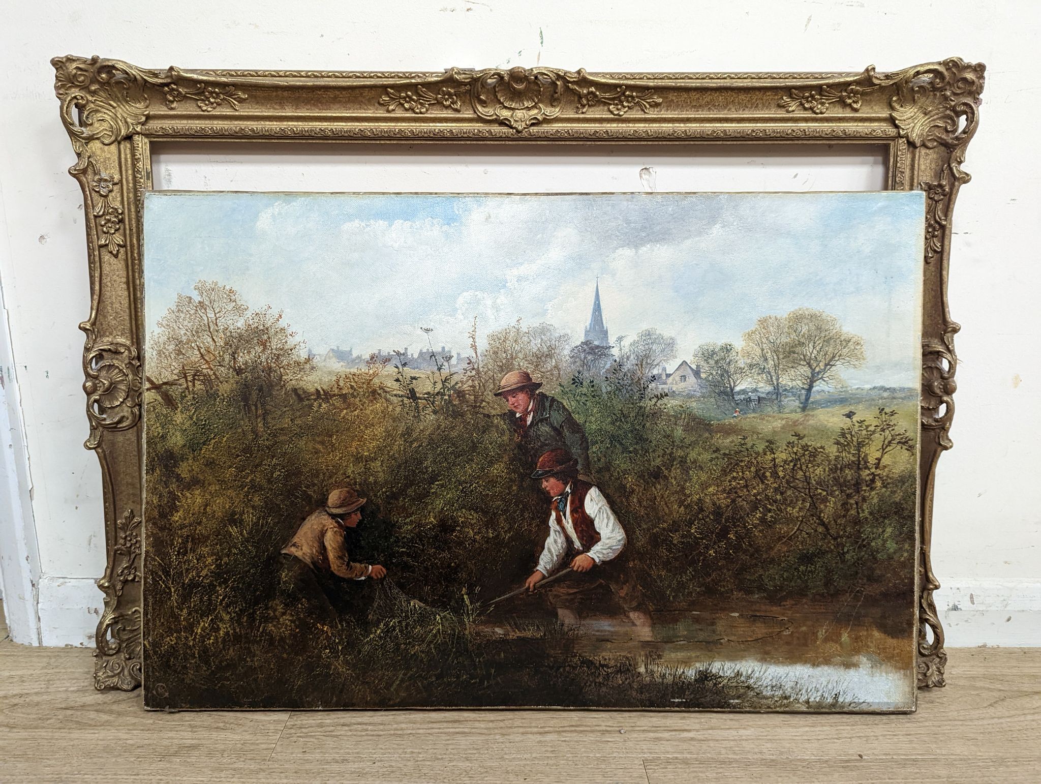 Victorian School, oil on canvas, Eel catchers, monogrammed CAH, 50 x 76cm